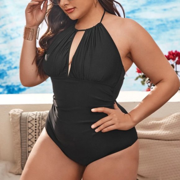 Plus Size 20 4XL Shein Ruched Cut-out One Piece Swimsuit Black Swim - Picture 2 of 4